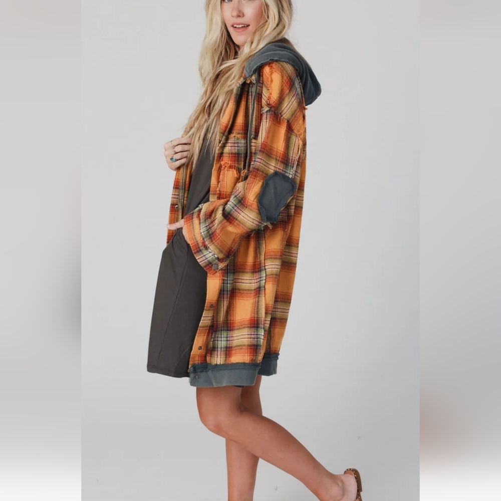 Three Birds Nest Distressed Plaid Hooded Jacket in Orange and Gray